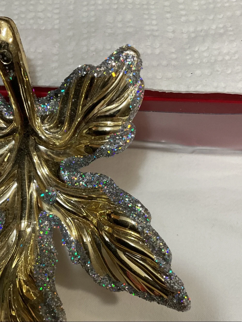 Gold Glitter Leaf Holiday Ornament - Decorative Hanging Accent